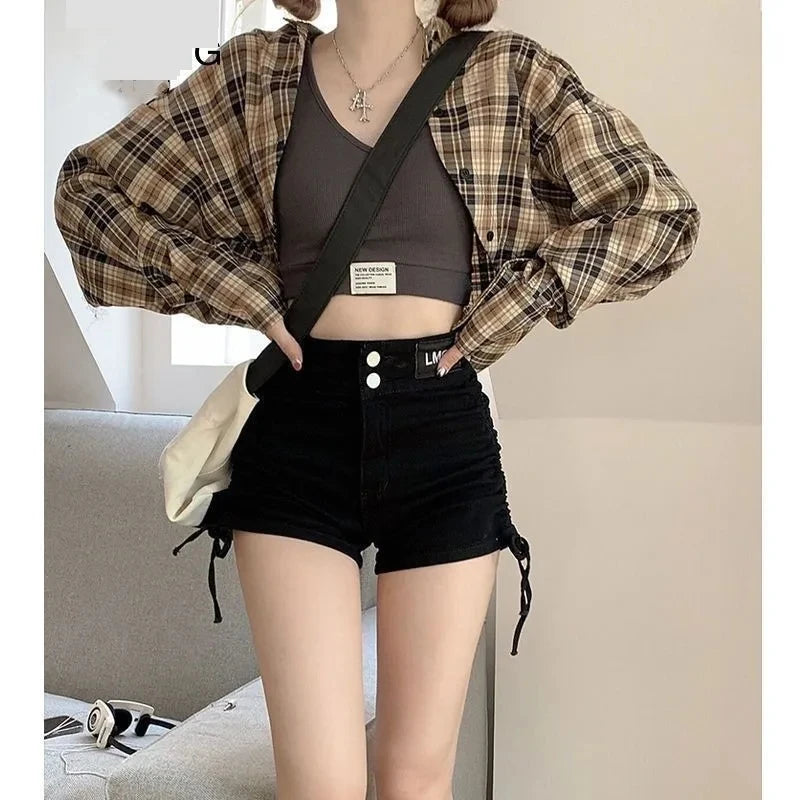 Korean Matching Urban Girl Plaid Shirt+Sling+Sport Pants Set