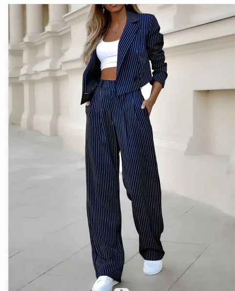 Elegant Long Sleeve Notch Collar Striped Work Jacket And Straight Leg Trouser Set - Premium Set from Craftklart Dropship - Just $18.34! Shop now at Craftklart.store