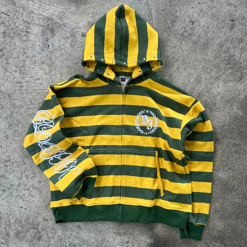Y2K Retro Yellow Green Striped Print Zip Up Hoodie Men and Women Fashionable Embroidered Sweatshirt Casual Hip Hop Loose Hoodie - Craftklart.store
