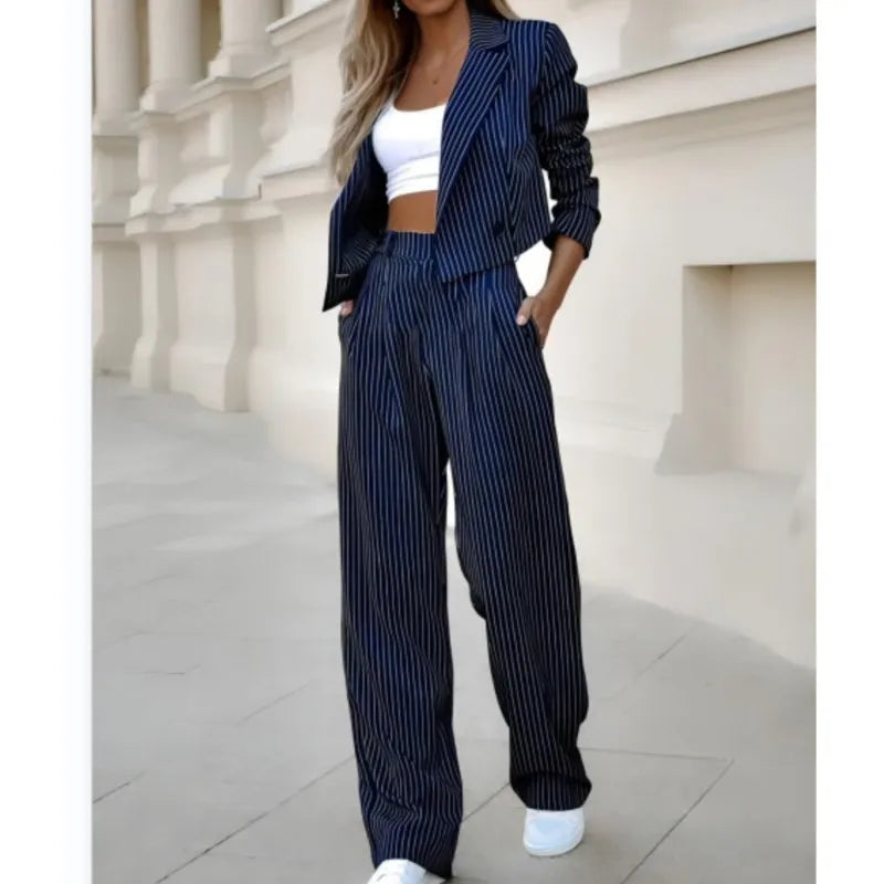 Elegant Long Sleeve Notch Collar Striped Work Jacket And Straight Leg Trouser Set - Premium Set from Craftklart Dropship - Just $18.34! Shop now at Craftklart.store