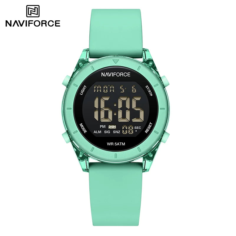 Women's digital sport watch with silicone strap, urban fashion style, featuring a digital display and sporty design.