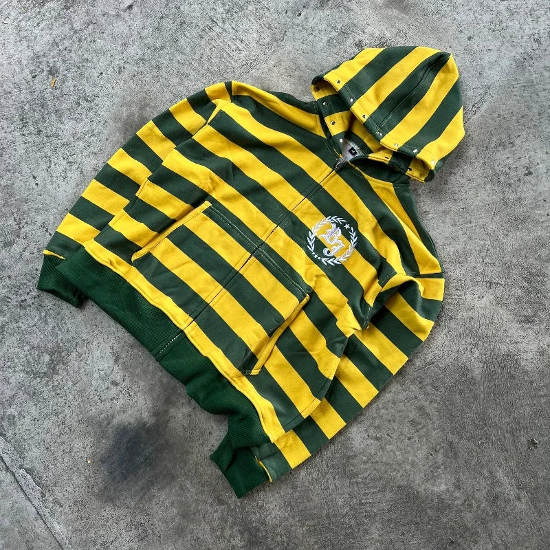 Y2K Retro Yellow Green Striped Print Zip Up Hoodie Men and Women Fashionable Embroidered Sweatshirt Casual Hip Hop Loose Hoodie - Craftklart.store