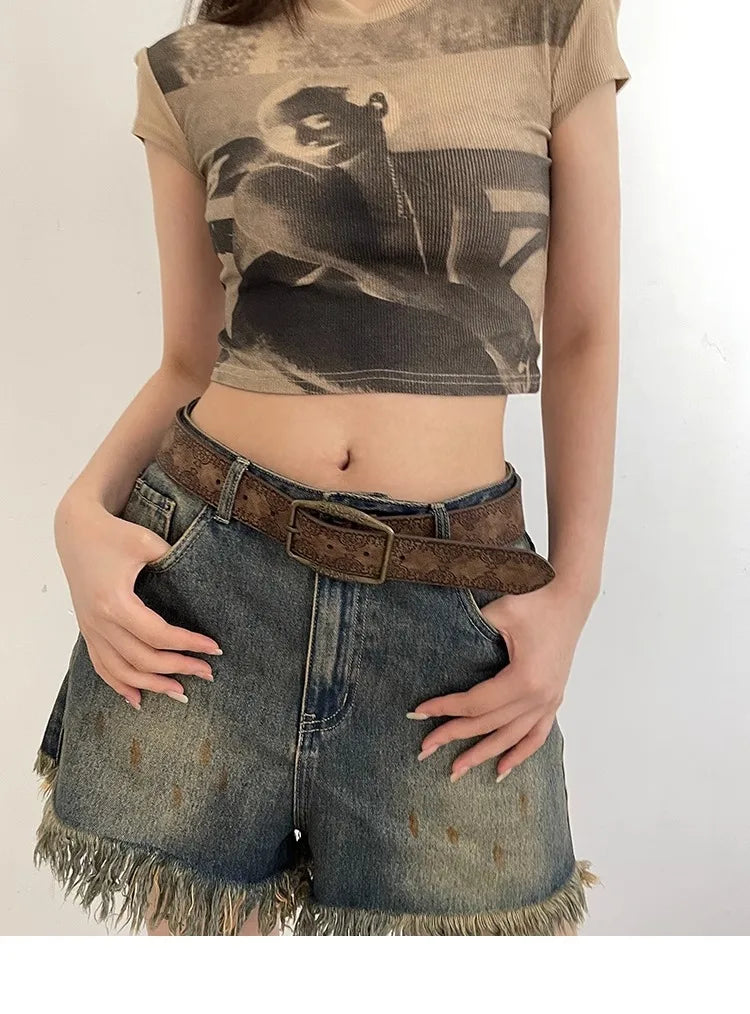 Pattern Print Buckle Pin Waist Belt Female Pu Leather