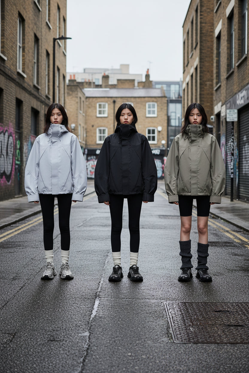 Women’s hooded windproof jacket by Craftklart, oversized streetwear coat with wind-resistant outerwear design.