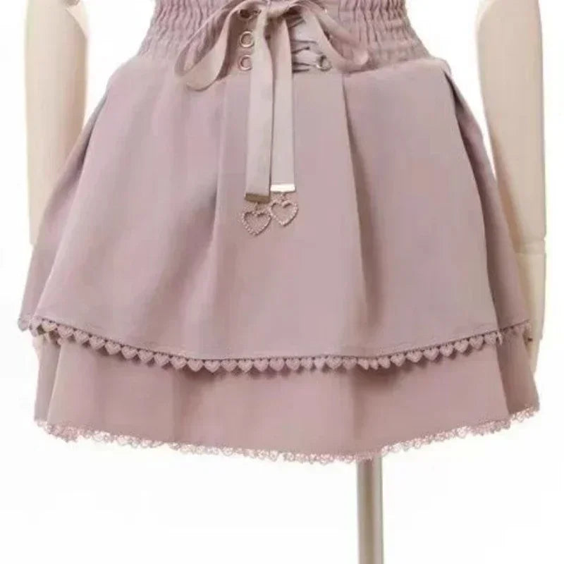 Japanese Kawaii Mini Cake Skirts Womens Jupe Fairy Bandage Lolita High Waist Y2k Aesthetic Sweet Lace Gothic JK Faldas Skirt - Craftklart.store