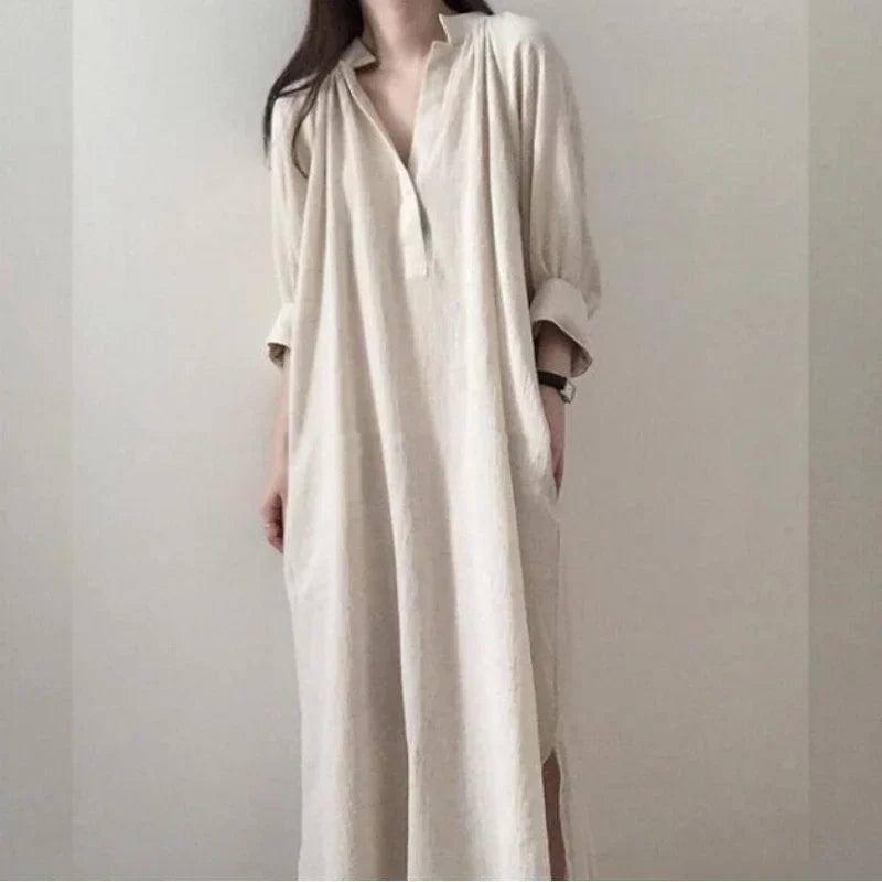 Women's V-neck baggy sundress by Craftklart Dropship, Korean midi beach dress with a relaxed fit and flowy fabric.