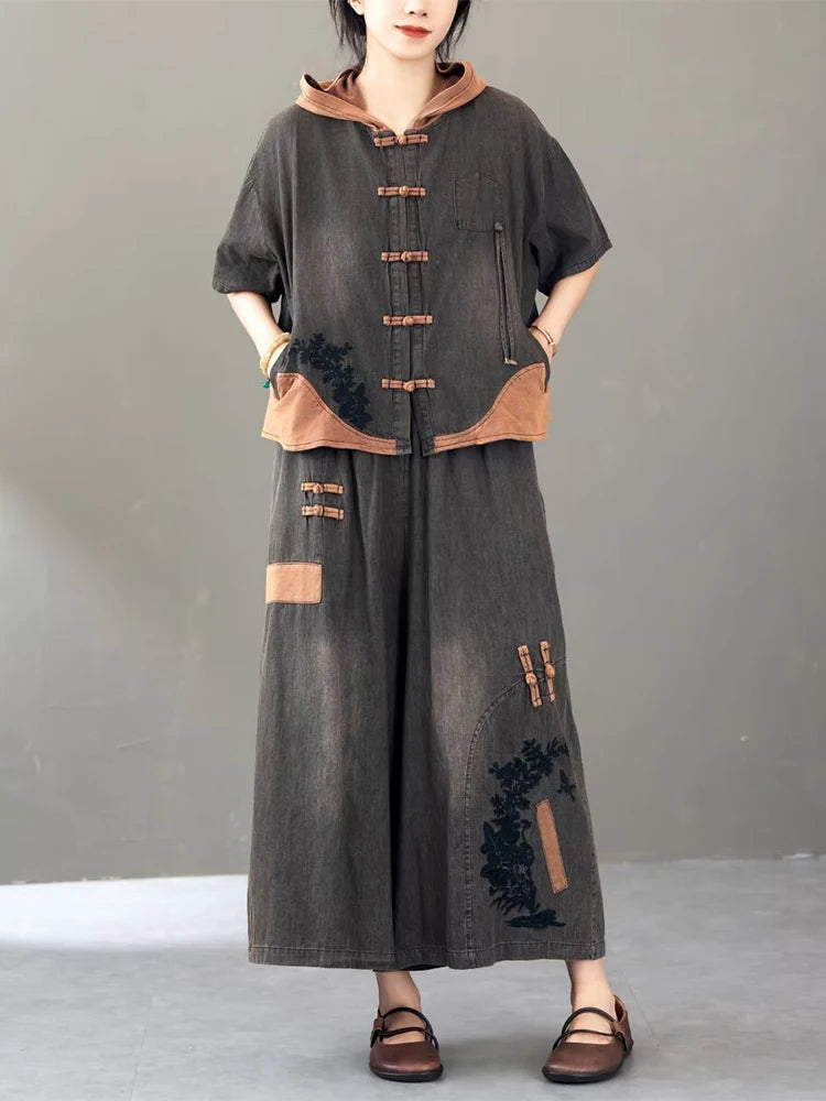 Women's Vintage Loose Denim  Chinese Hooded Jacket & Wide Leg Pants Set - Premium Dress from Craftklart Dropship - Just $53.08! Shop now at Craftklart.store