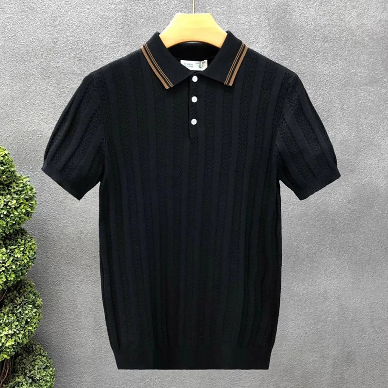Men’s Simple Striped Knit Polo Shirt