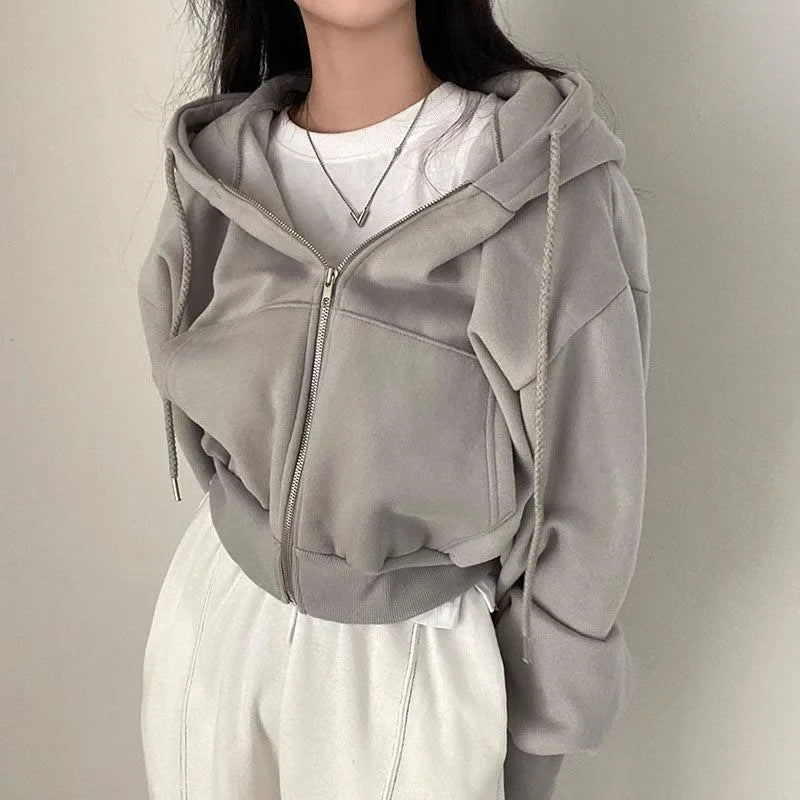 Women Urban Casual Fleece Lined Loose  Zipper Hoodie