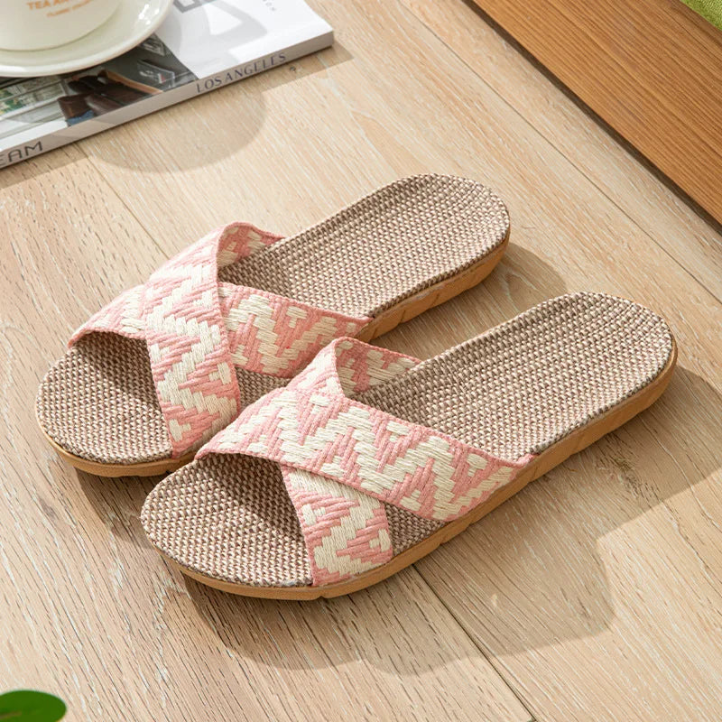 Women's Linen Indoor Slippers by Slip On, anti-slip flat mule slides in three colors, featuring comfortable slip-on shoe design.
