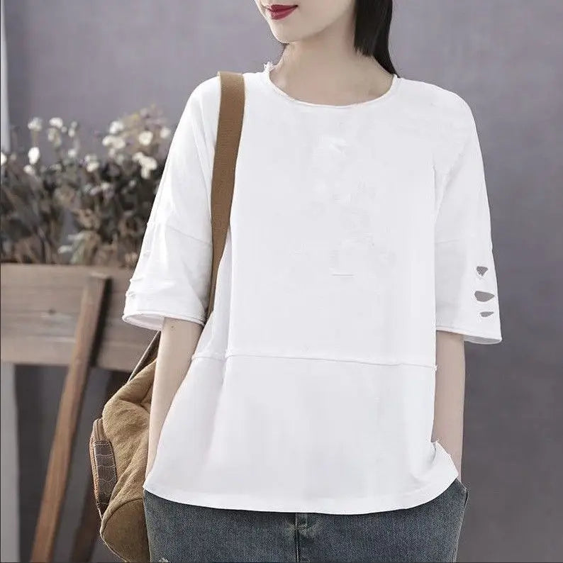 Women's 100% Cotton Large Size Korean Half Sleeved Loose T-shirt - Premium T-Shirt from Craftklart Dropship - Just $17.05! Shop now at Craftklart.store