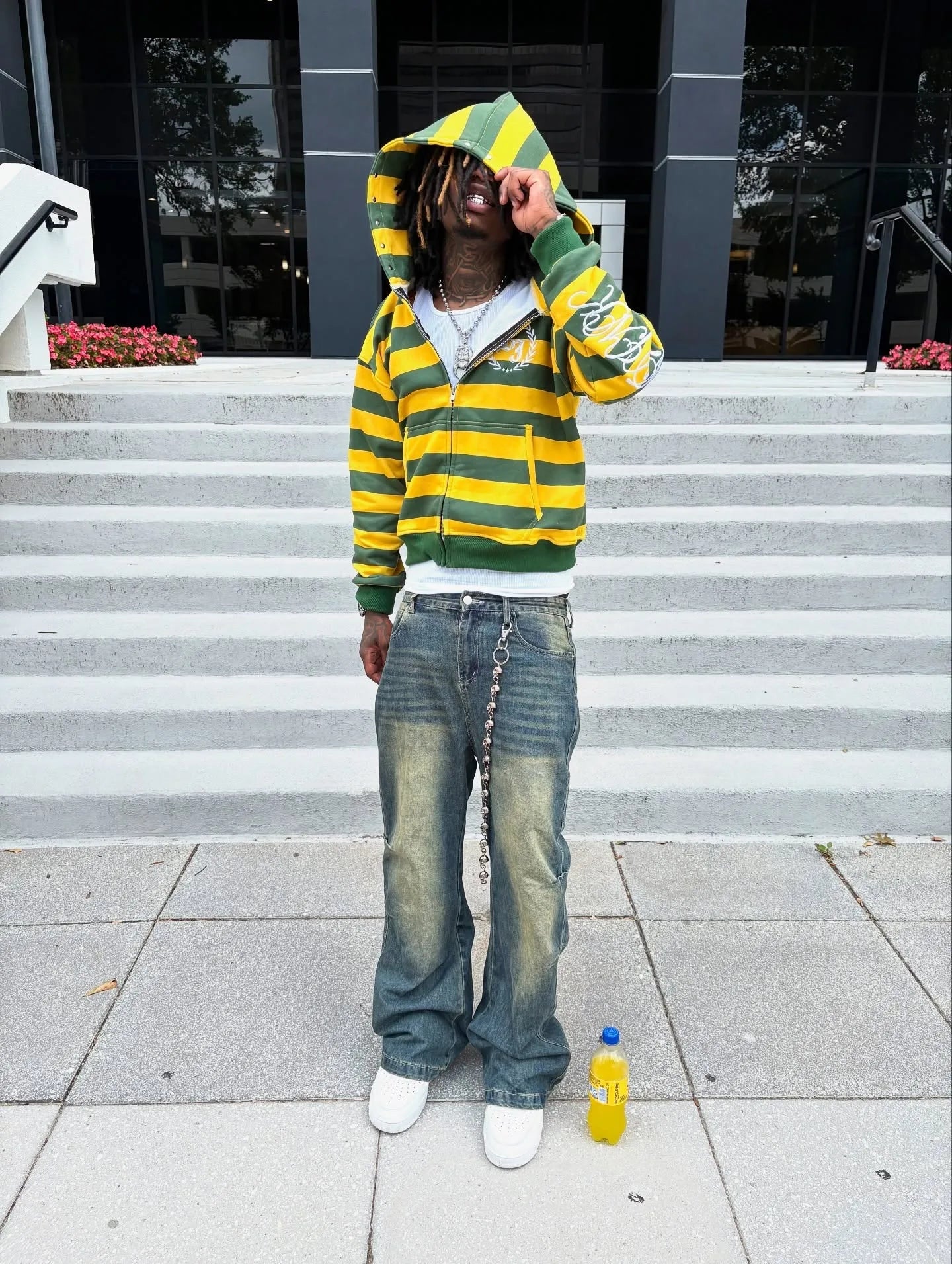 Y2K Retro Yellow Green Striped Print Zip Up Hoodie Men and Women Fashionable Embroidered Sweatshirt Casual Hip Hop Loose Hoodie - Craftklart.store