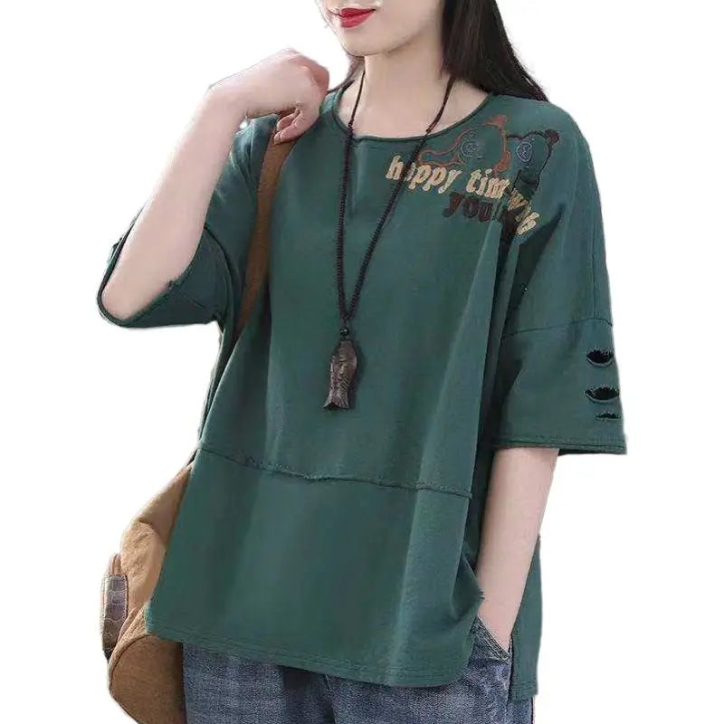 Women's 100% Cotton Large Size Korean Half Sleeved Loose T-shirt - Premium T-Shirt from Craftklart Dropship - Just $17.05! Shop now at Craftklart.store