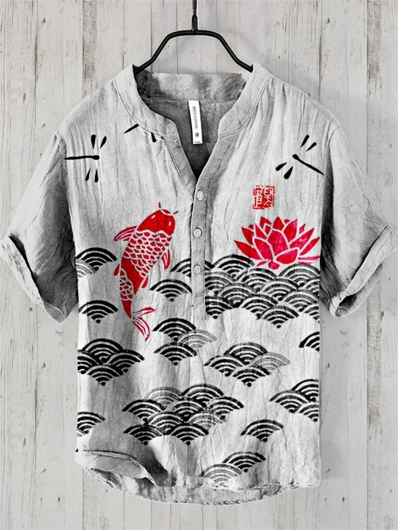 Men's casual Hawaiian linen short sleeve shirt with V-neck, lightweight and breathable, by Craftklart Dropship.