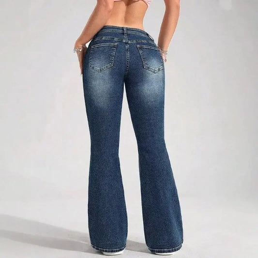 Woman wearing low waist flare stretch denim jeans by Craftklart Dropship, showcasing the fitted waistband and flared leg design.