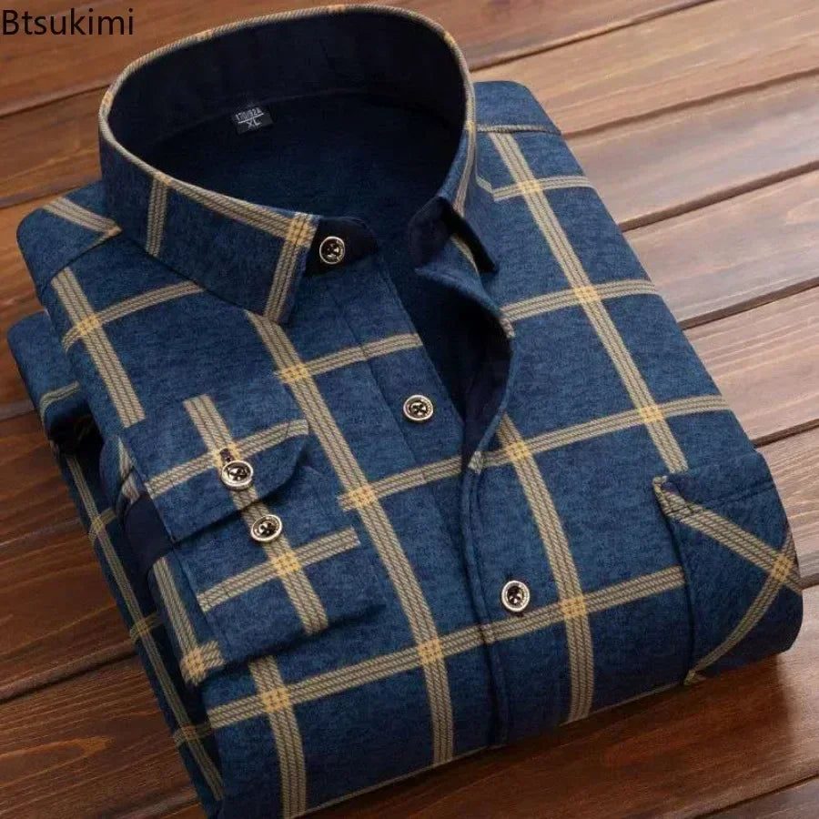 2024 Men's Plaid Flannel Fur Lined Thick Formal Shirts - Premium shirt from Craftklart Dropship - Just $5.39! Shop now at Craftklart.store