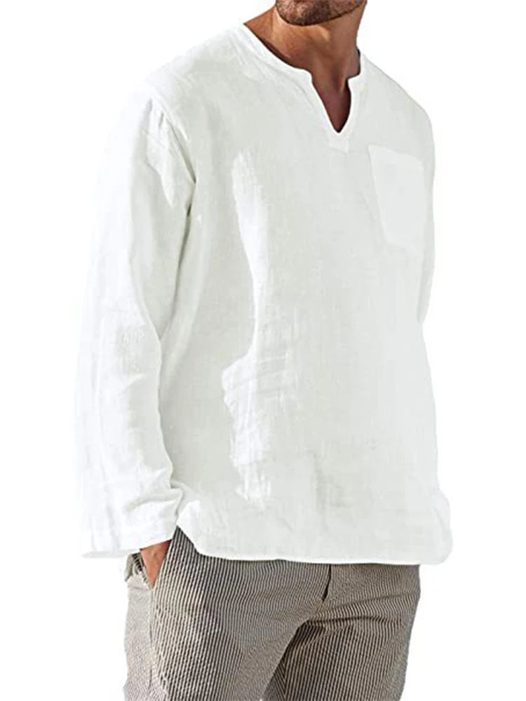 Men's Cotton Linen V-Neck Loose Pullover Tops - Premium Longsleeve Top from Craftklart Dropship - Just $13.89! Shop now at Craftklart.store