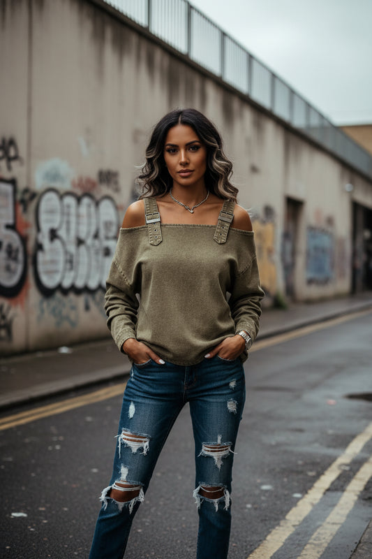 Off-Shoulder Denim Top — Long Sleeve