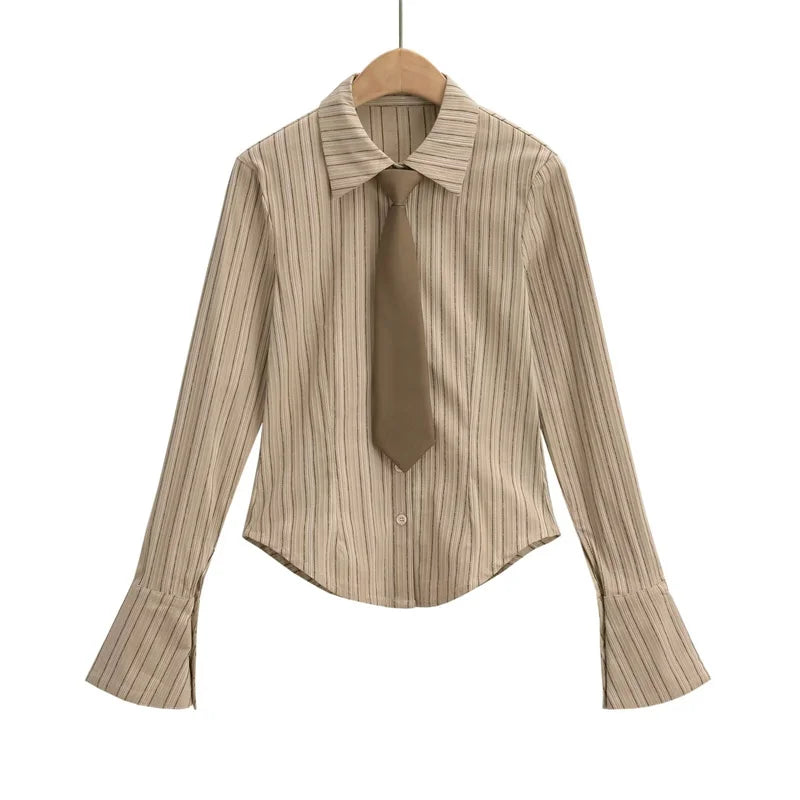 Women's Necktie Decoration Striped Single Breasted Flare sleeve Slim Blouse - Premium shirt from Craftklart Dropship - Just $20.80! Shop now at Craftklart.store