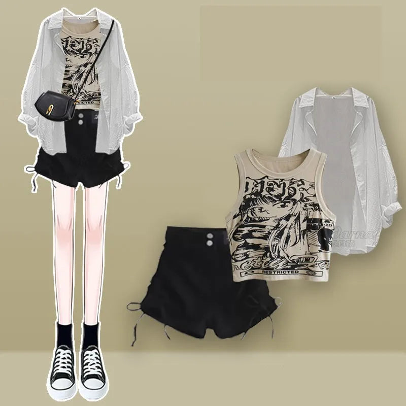 Urban Girl Shirt Printed Vest Denim Shorts