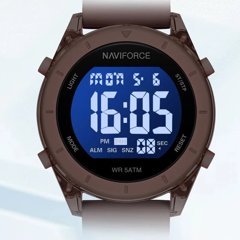 Women's digital sport watch with silicone strap, urban fashion style, featuring a sleek display and sporty design.