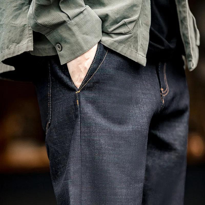 Craftklart Dropship Quiet n Heavy selvedge jeans in 13.5oz raw denim with a straight fit, showing the detailed raw denim texture.