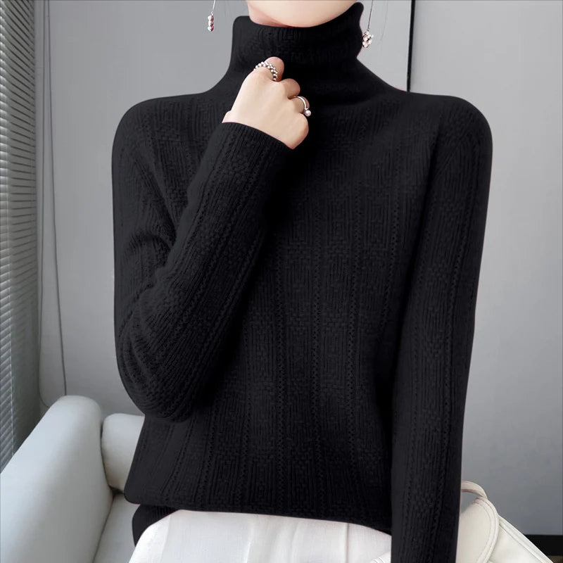 YTFidio 100% Wool Women Three Dimensional Hollow Pile Collar Long Sleeve Sweaters Solid Pullover Knitwear Basic 96 - Craftklart.store