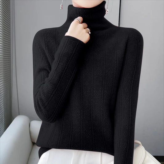 YTFidio 100% Wool Women Three Dimensional Hollow Pile Collar Long Sleeve Sweaters Solid Pullover Knitwear Basic 96 - Craftklart.store
