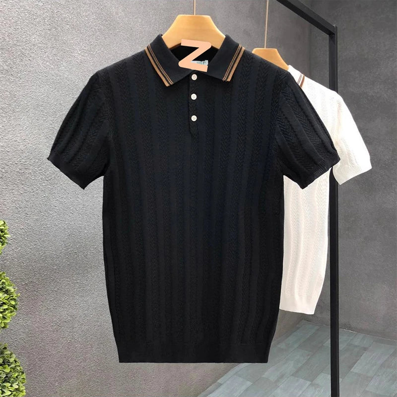 Men’s Simple Striped Knit Polo Shirt