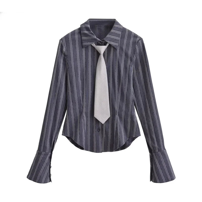 Women's Necktie Decoration Striped Single Breasted Flare sleeve Slim Blouse - Premium shirt from Craftklart Dropship - Just $20.80! Shop now at Craftklart.store