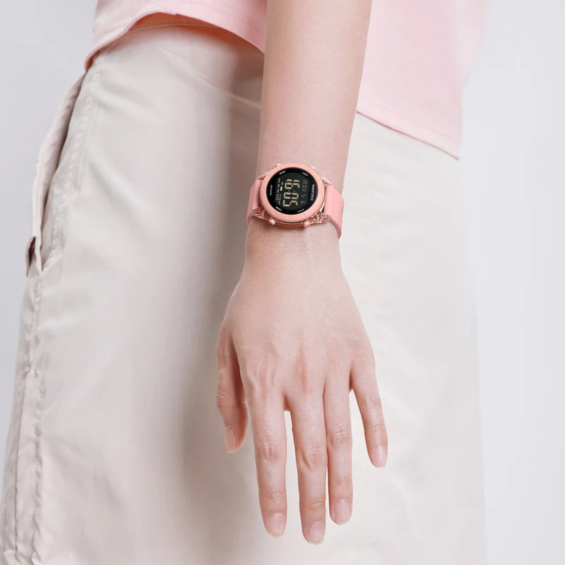 Women's digital sport watch with silicone strap, featuring a sleek display and Urban Fashion & Streetwear branding.