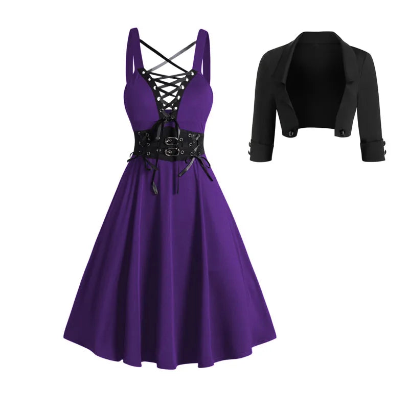 Solid Color Open Front Crop Jacket and Lace Up Buckle Strap Crisscross Dress
