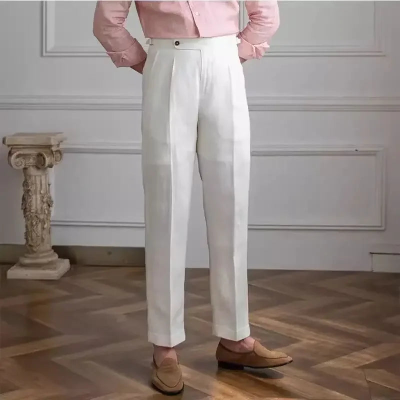 Light beige linen trousers from Craftklart's The Linen Trouser collection, featuring a relaxed fit and classic design.