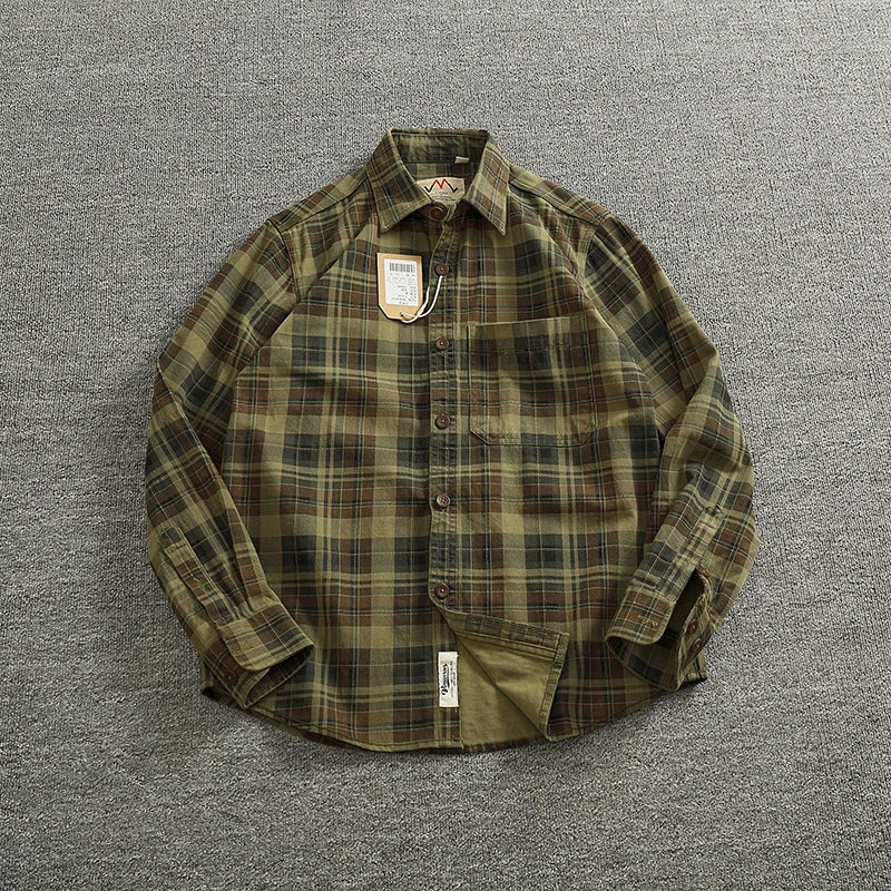 Heavy Chunky Cotton Plaid Long Sleeve Shirt - Craftklart.store