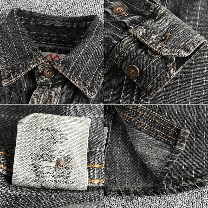 Heavy Urban Men's British Black Grey Striped Denim Shirt