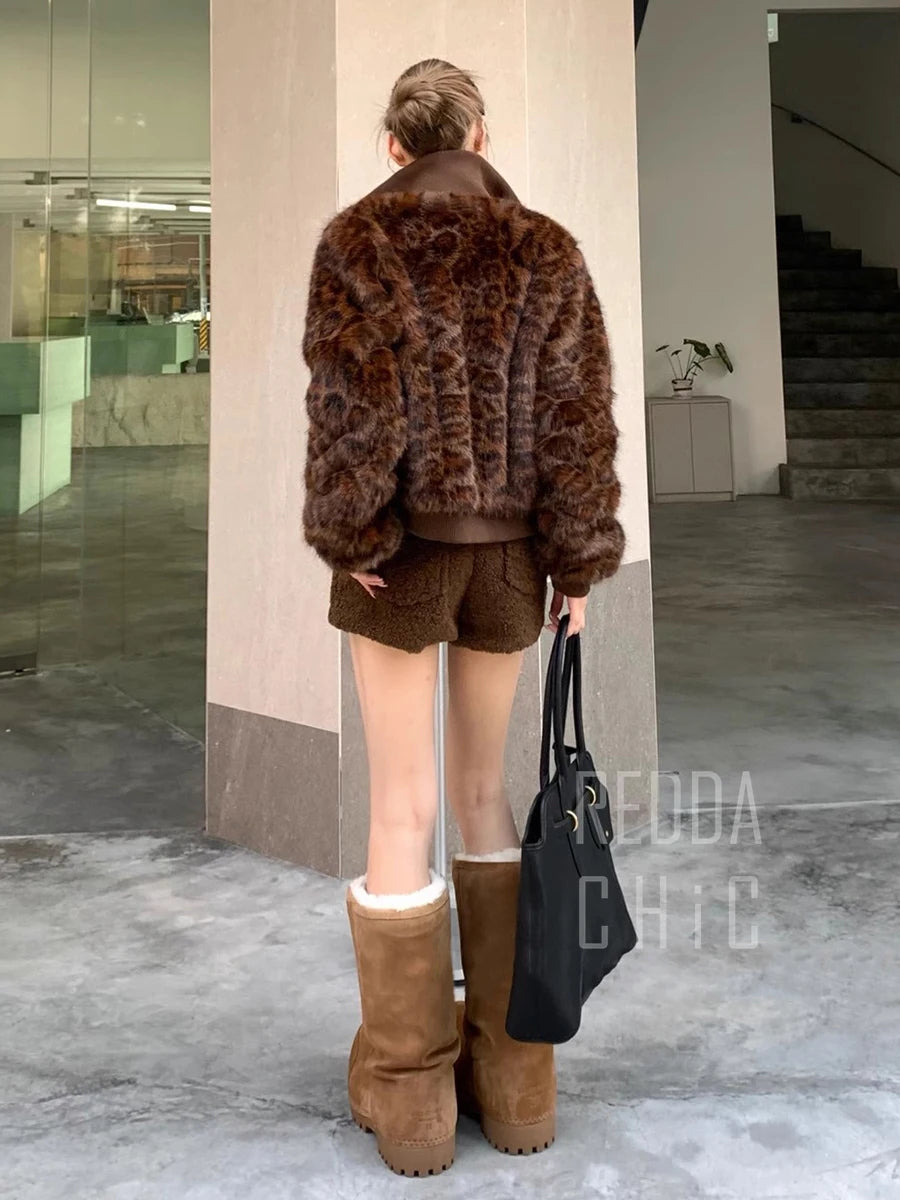 Turtleneck Leopard Shaggy Bomber Jacket Women