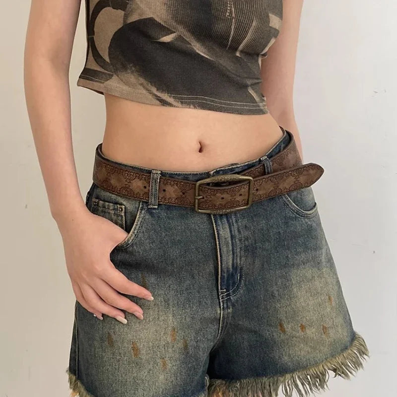 Pattern Print Buckle Pin Waist Belt Female Pu Leather