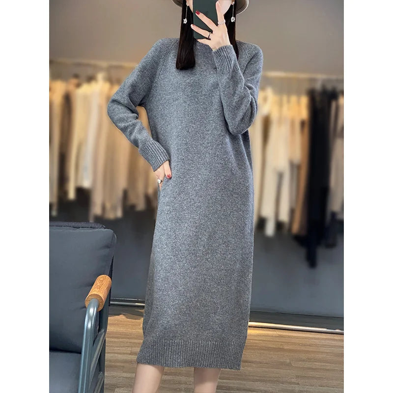 New Women Long Sweater Dress 100% Merino Wool Long Dress Autumn Winter Mock Neck Quality Cashmere Knitwear Basic Grace Dress - Craftklart.store