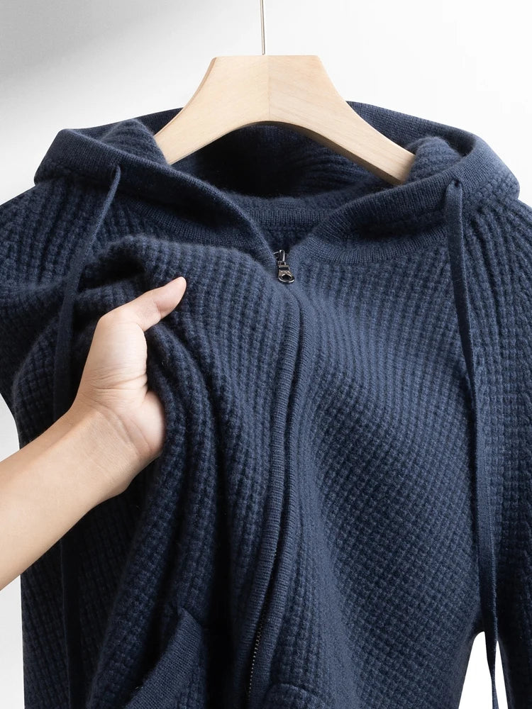 Urban Casual Knitted Hooded Cardigan 100% Pure Cashmere