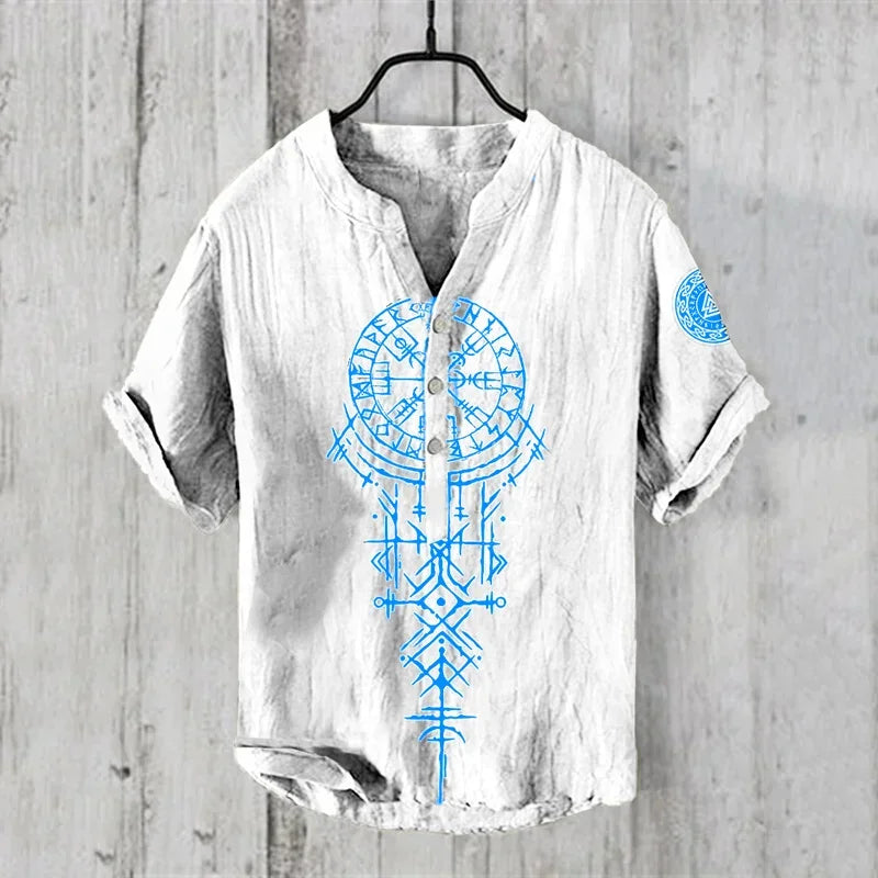 Men's casual linen Hawaiian V-neck short sleeve shirt by Craftklart Dropship, featuring a lightweight, breathable fabric and vibrant print.