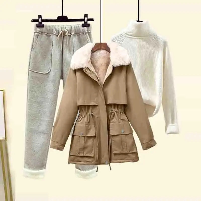 Vintage Parka High Neck Knitted Sweater Flocked Trousers Set - Premium Set from Craftklart.store - Just $18.46! Shop now at Craftklart.store