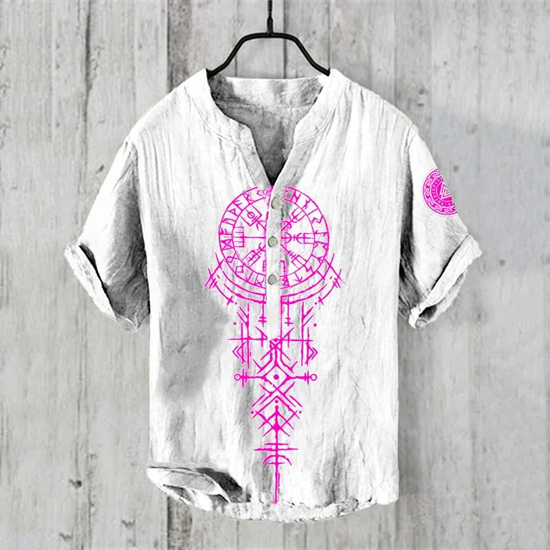 Men's casual Hawaiian linen short sleeve shirt with V-neck, crafted by Craftklart Dropship, featuring a relaxed, breathable design.