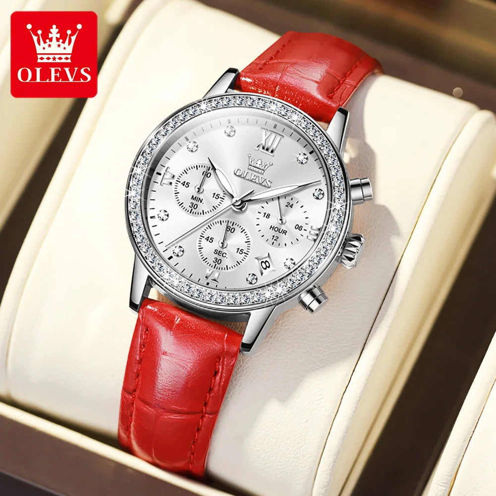 Women's Diamond Quartz Waterproof Luminous  Leather Strap Wristwatch
