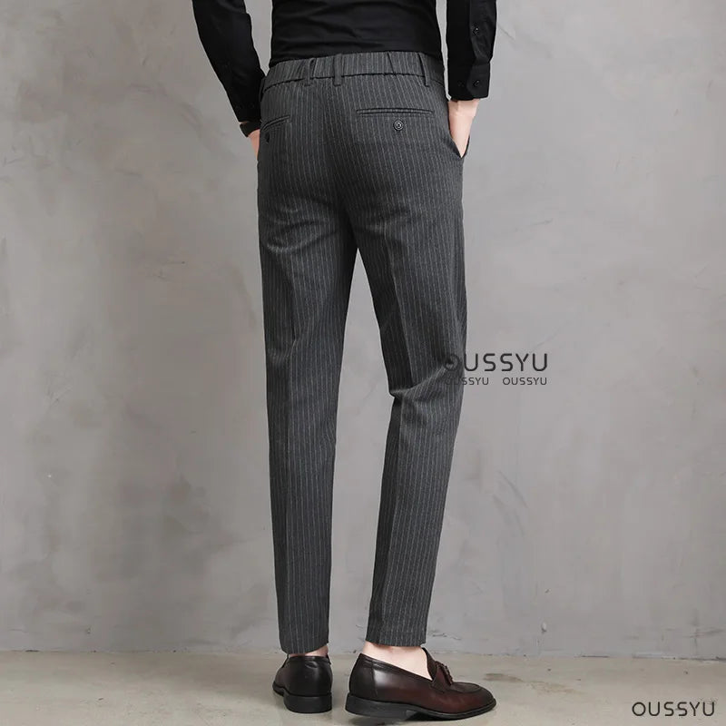 England Stripe Pattern Formal Dress Slim Fit Pants Men Summer Thin Light Gray Black Breathable Korea Skinny Casual Trousers Male - Craftklart.store