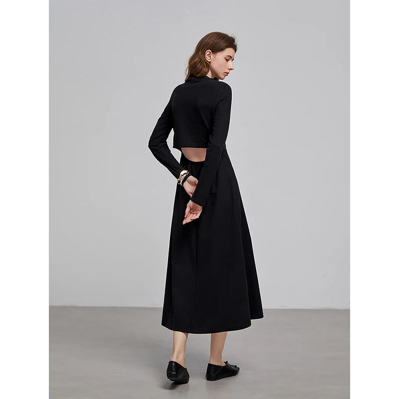Urban Women's Back Waist Hollow Out Strap Medium Long Slim Black Dress