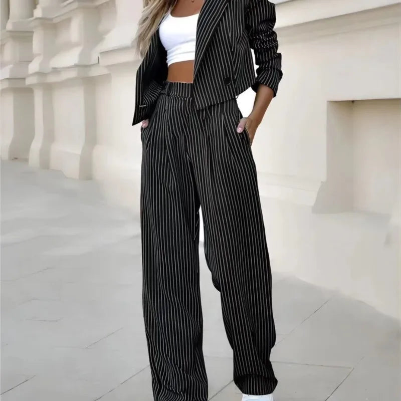 Elegant Long Sleeve Notch Collar Striped Work Jacket And Straight Leg Trouser Set - Premium Set from Craftklart Dropship - Just $18.34! Shop now at Craftklart.store