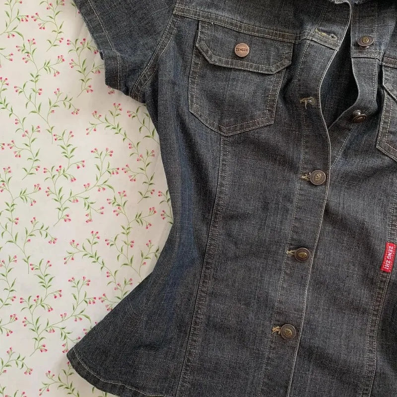 Denim Crop Shirt — Button-Up Short Sleeve
