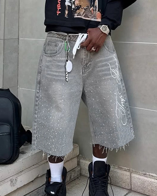 Men's rhinestone denim shorts by Craftklart Dropship, knee-length streetwear shorts with sparkling rhinestone details.