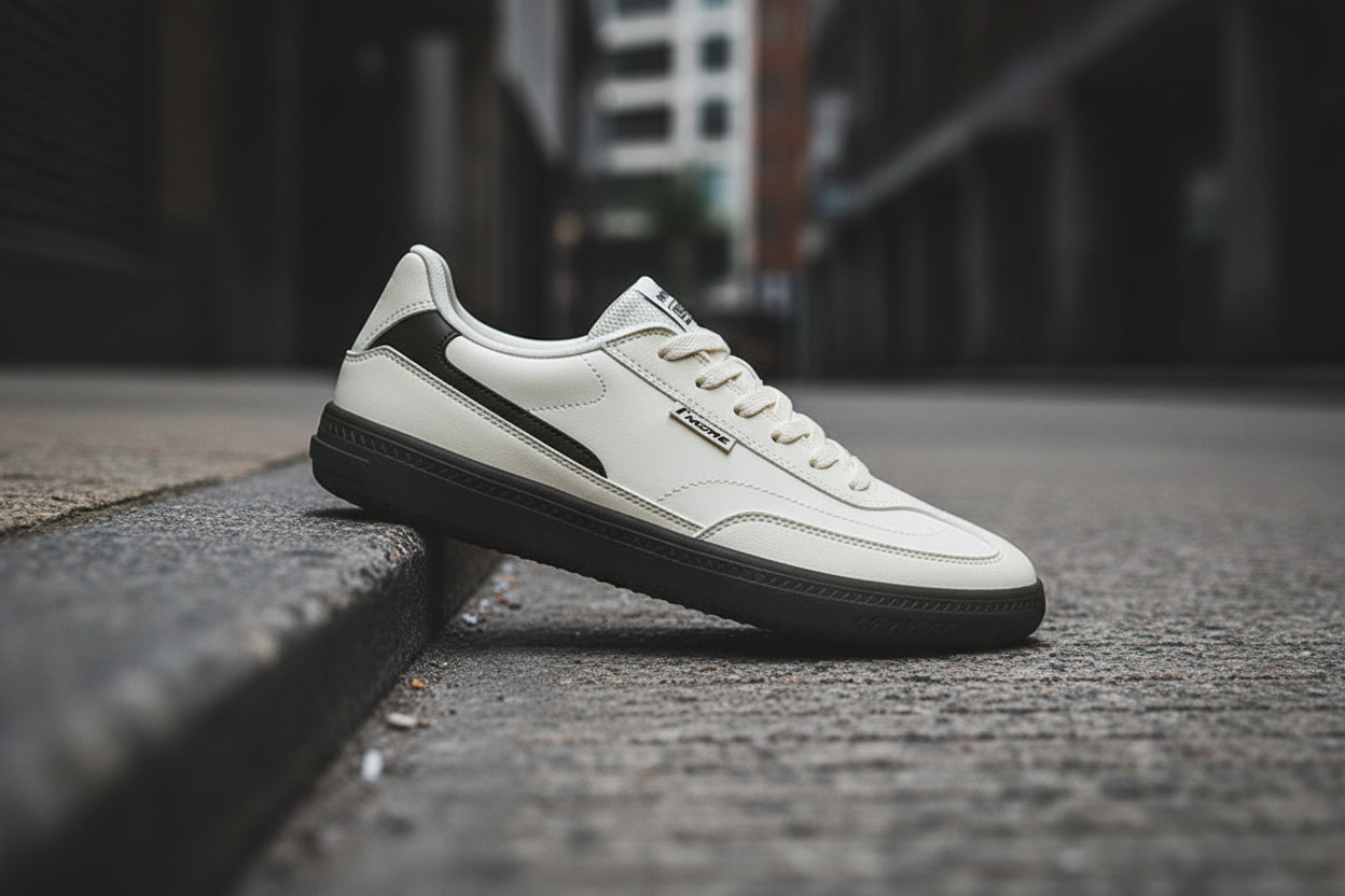 Full Circle Low Leather Sneaker by Craftklart Dropship, waterproof street edition, showing black leather sneaker with white sole.
