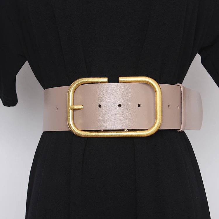 Real Leather Wide Belt For Women Gold Square Buckle Pin Waistband for Coat Dress - Premium Belt from Craftklart Dropship - Just $29.18! Shop now at Craftklart.store